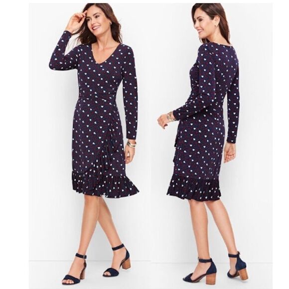 Talbots Heart Print A-Line Jersey Sheath Dress Long Sleeve Navy Blue Size 6 - Picture 2 of 9